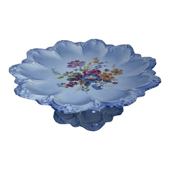 Other - Vintage Floral Blue Pedestal Cake Stand Home Decor Fruit Display Centerpiece